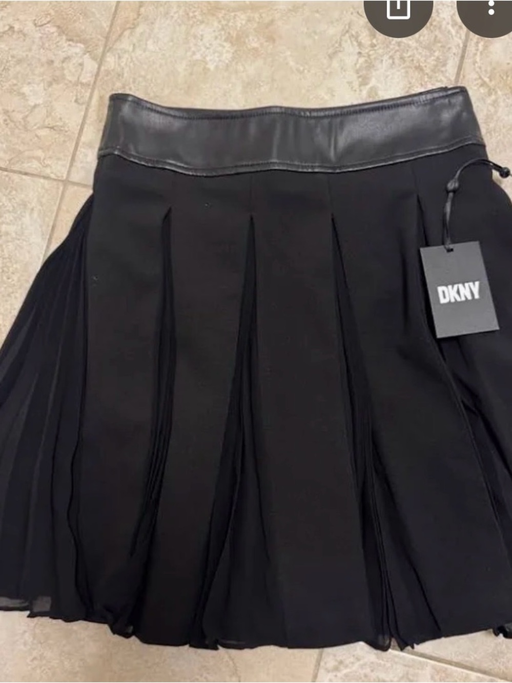 DKNY Black Pleated Skirt with Faux Leather Waistband